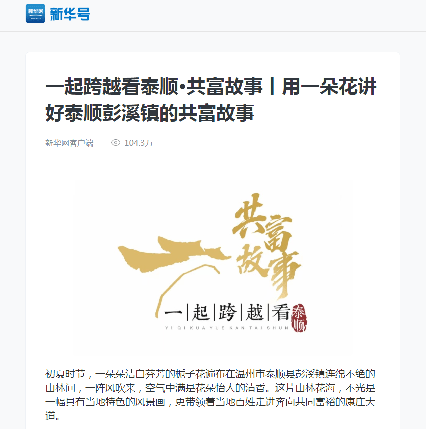 共同富裕｜新华网：用一朵花讲好泰顺彭溪镇的共富故事